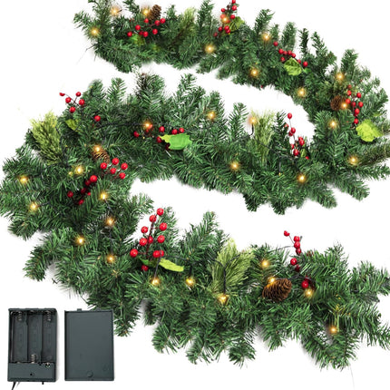 9 FT Christmas Garland with Lights, Battery Operated Garland with 50 LED Lights, Christmas Decoration for Home Stairs Fireplace Front Porch Door Display Indoor Outdoor
