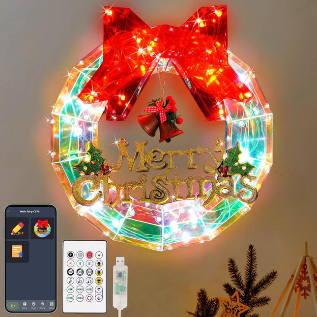 Smart Lighted Christmas Wreaths, 12" APP Remote Control 16 Million Colors, Crystal-Like 3D Polygonal Shell, USB Plug Christmas Decorations with Timer & Music Sync for Xmas Home Window Wall Door Decor