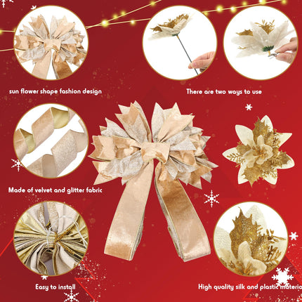 Christmas Tree Topper Bow Set Include 12 Pcs Artificial Poinsettia Flowers and Large Velvet Bow with Long Streamers Sun Flower Shape Bow for Xmas Indoor Party Decor(Champagne Gold)