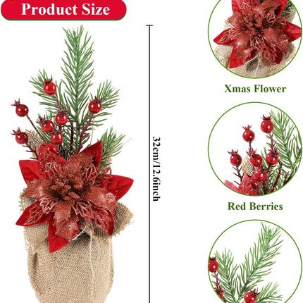 U'Artlines 2Pcs Artificial Christmas Tabletop Decorations, 12.6 Inch Mini Artificial Christmas Tree with Poinsettia Flower Red Berry Pine Branch for Home Table Xmas Party Decoration
