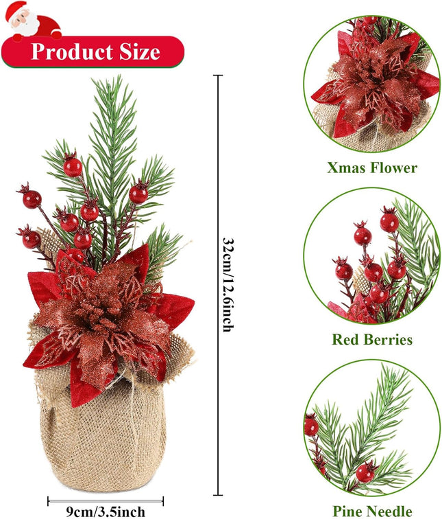 U'Artlines 2Pcs Artificial Christmas Tabletop Decorations, 12.6 Inch Mini Artificial Christmas Tree with Poinsettia Flower Red Berry Pine Branch for Home Table Xmas Party Decoration