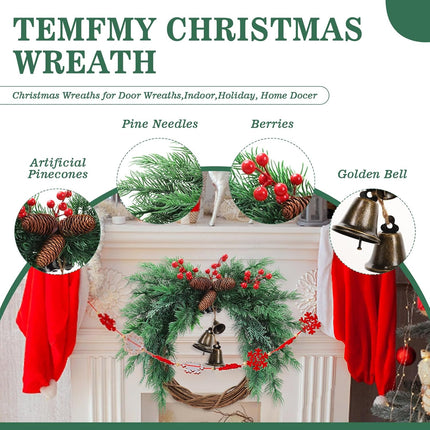 Christmas Wreath with Boho Bells - 20 Inch Farmhouse Christmas Artificial Pine Wreaths for Front Door - Winter Rattan Door Wreath with Pine Cone for Christmas Decor