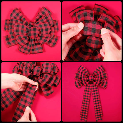 Chuangdi 4 Pieces Christmas Buffalo Plaid Bows 19.3x10 Inches Red Black Large Plaid Christmas Wreath Bows Xmas Buffalo Check Bows Ornaments for Christmas Tree Indoor Outdoor Decorations
