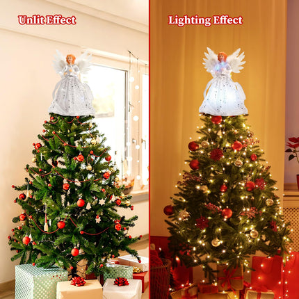 Christmas Angel Tree Topper with White Feather Wings, Elegant Lighted Tree Top Ornament for Indoor Home Holiday Party Christmas Decoration, 12 Inch, Silver
