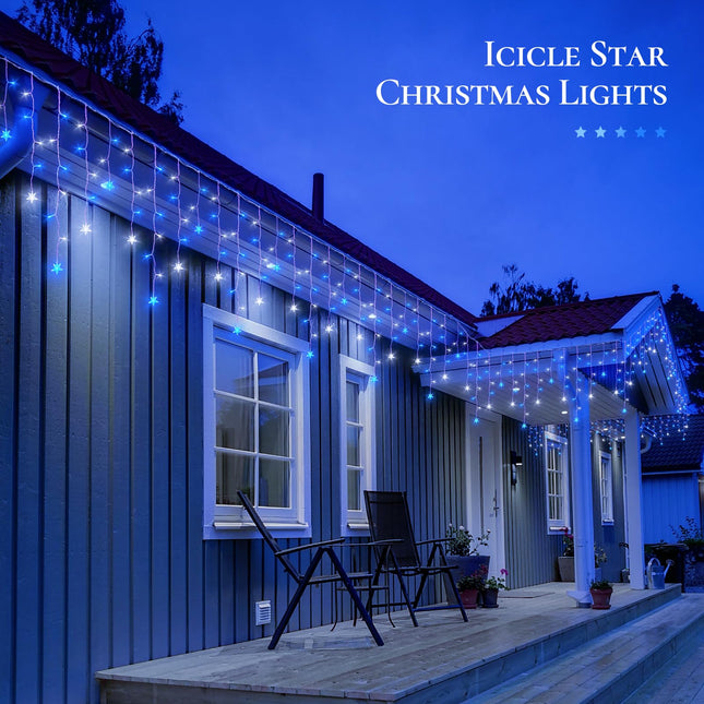 Icicle Lights Outdoor,16.5FT 200 LED Curtain Fairy Lights,40 Drops 8 Modes with Timer Icicle Star Lights,Hanging Led String Lights for Backdrop,Wedding,Party,Christmas Decorations,Blue&White