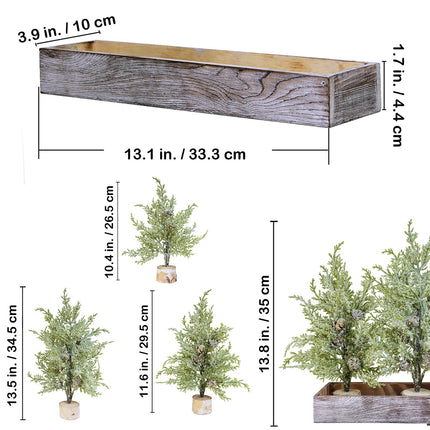 Winlyn 3 Pack Snowy Mini Cedar Trees with Pinecones and Wood Bases Artificial Small Christmas Tabletop Trees and Rustic Wood Planter for Winter Holiday Christmas Mantel Farmhouse Table Centerpiece