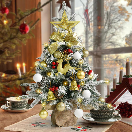Tabletop Christmas Tree 24 Inch / 2 FT Mini Artificial Christmas Tree with 40 LED Lights, Battery Operated Small Xmas Tree for Indoor Tabletop or Desktop Decoration (White and Gold Ornament Tree)