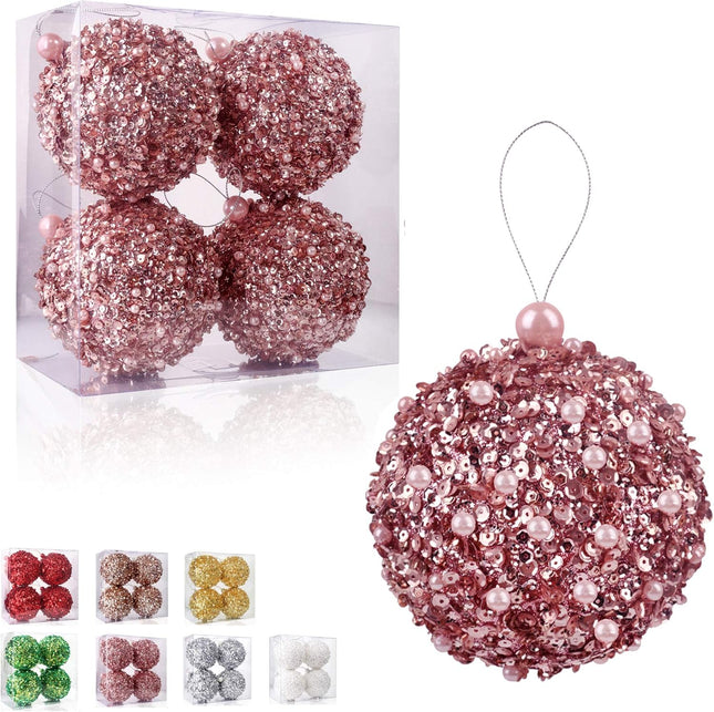 4.25" Christmas Ball Ornaments 4pc Set Rose Gold Shatterproof Christmas Decorations Tree Balls for Xmas Trees Wedding Party Holiday Decorations Tabletop Small Trees Decoration (Rose Gold)