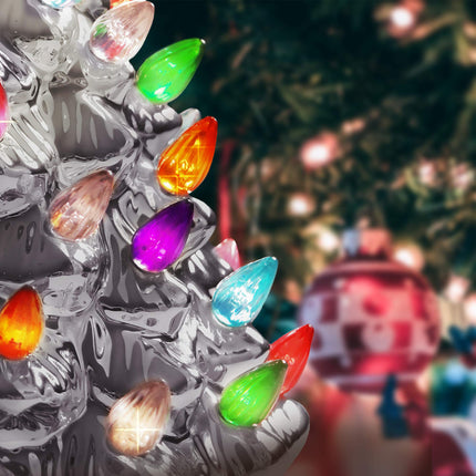 RJ Legend Christmas Tree – Festive Lighted with 50+ Multicolor Bulbs, Operated by LED, Ceramic – Retro Winter Tree - Silver, 9.6-Inch