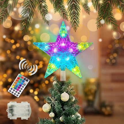Christmas Star Tree Topper Lights 9.5inch 10LED Multicolour with Versatile Remote Controller 3AA Battery Powered Star Treetop Light for Xmas Tree Decoration （Indoor and Outdoor ）