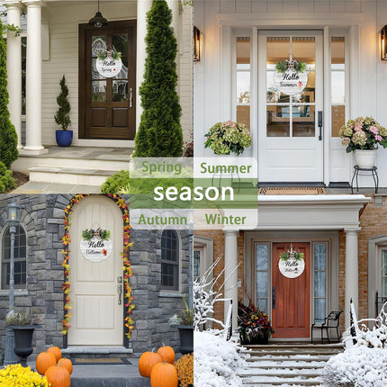 Interchangeable Wooden Seasonal Hello Sign, Rustic Round Welcome Front Door Wreaths for Home/Wall/Porch Decor, for Easter Spring Summer Fall Halloween Christmas All Season Decorations.