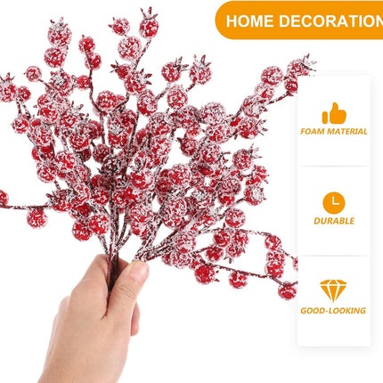 Amosfun 10 Pcs Artificial Berry Picks Christmas Frosted Holly Berry Stems Red Berry Branches for Christmas Tree Table Centerpieces Holiday Crafts DIY Ornaments