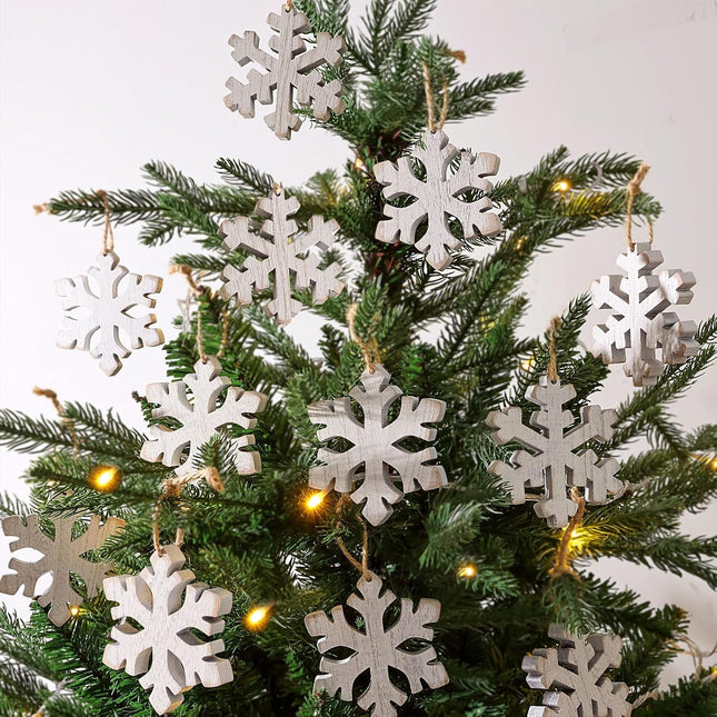 Christmas Decorations Indoor Decor: 12 Pack Rustic Wood Christmas Tree Decorations, Boho Farmhouse Whitewash Snowflake Hanging Ornaments for Kids Xmas Home Office Shop Fireplaces Garland Décor