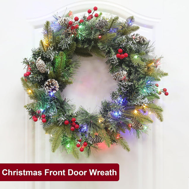 Dual Color Change & 8 Modes - 20'' Christmas Wreaths for Front Door, Pre-Lit Christmas Door Wreath Timer 50 Warm White & Multicolored Lights 12 Snowy Pine Cones 12 Red Berried Xmas Indoor Home Decor
