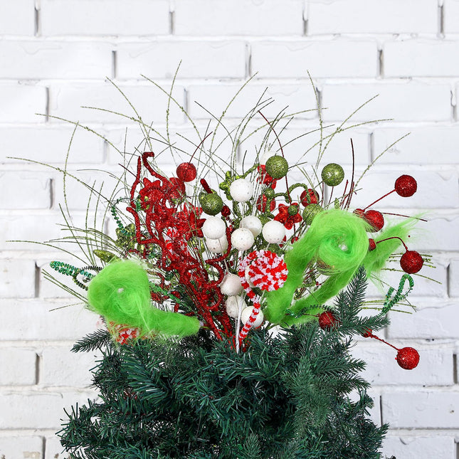 Christmas Tree Topper Red Green Christmas Tree Picks Decoration with Spring 17 Inch Elf Glitter Spiral Stem Sequins Ball Curly Pick Green Faux Fur Curly for Xmas Tree Ornaments Decoration