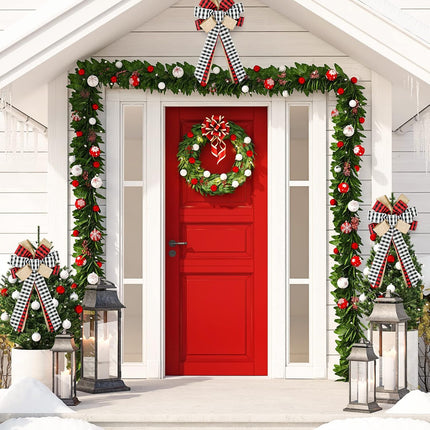 Whaline 3Pcs Christmas Bow Tree Topper Buffalo Plaid Xmas Large Bow Red Black White Handmade Decorative Bow for Christmas Tree Wreath Crafts DIY Bow Year Outdoor Decoration Festival Holiday Party