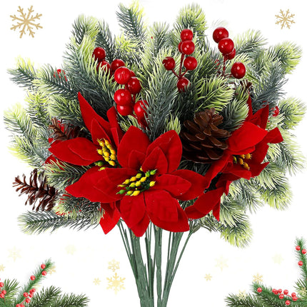 8 Pcs 13.4 Inch Red Poinsettia Artificial Christmas Flowers Bouquet with Pine Cone Red Berry Pine Needle Artificial Plants Christmas Decor for Craft Xmas Tree Garland Home Indoor Outdoor