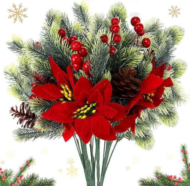 8 Pcs 13.4 Inch Red Poinsettia Artificial Christmas Flowers Bouquet with Pine Cone Red Berry Pine Needle Artificial Plants Christmas Decor for Craft Xmas Tree Garland Home Indoor Outdoor