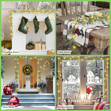 9FT Christmas Garland, Flocked Garland Christmas Decorations Prelit Christmas Garland with 30 LED Lights Decorated with Pinecones Berries Snowflakes for Mantels Staircase Tables Winter Decor
