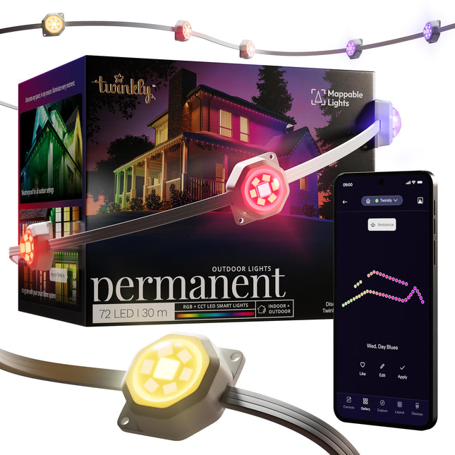 Twinkly Permanent Lights 72 LED RGB, Mappable LED Light Strip for Outdoor, Smart Multicolor LED Lights, Mappable LEDs, Compatible with Alexa and Google Home, IP65, App Mapping, White Wire, 100ft
