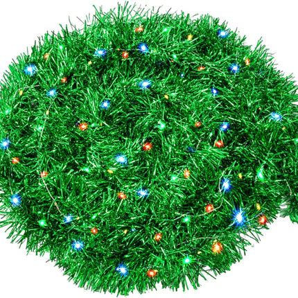 Christmas Garland Prelit Tinsel 32.8 Ft, Green Metallic Garlands with 100 LED Lights for Christmas Tree Wreath Year Party Home Railing Holiday Indoor Outdoor Wedding Decorations