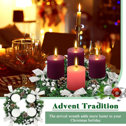 Hotop 5 Pcs Christmas Advent Wreath with Candle Holder Traditional Advent Wreath Candleholder Stand Set Xmas Wreath Decoration with 4 Advent Candles Pine Cone Garland for Church Centerpiece(Silver)