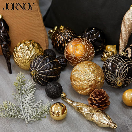 70CT Shatterproof Christmas Ornaments Set Xmas Tree Balls Decorative Ornaments with Hooks for Holiday Halloween Party Decorations, Black & Gold
