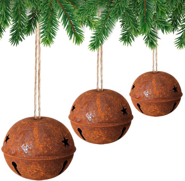 Tandefio 3 Pcs Large Vintage Christmas Bells Rusty Metal Jingle Bells Decoration Christmas Tree Ornament 5.5" 4.7" 4" H Giant Decorative Sleigh Bells with Rope for Xmas Tree Door Home DIY Crafts Decor