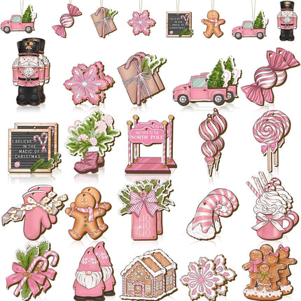 Huwena 40 Pcs Christmas Wooden Ornaments Pink Pastel Christmas Decorations for Xmas Tree Wreaths Gingerbread Gnome Hanging Ornaments Nutcracker Peppermint Candy Wood Cutouts Christmas Decor for Home