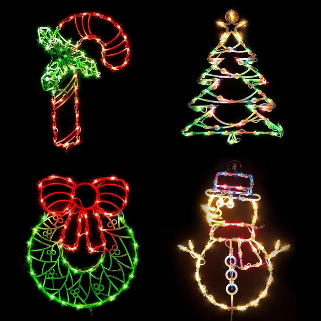 Christmas Window Decorations Lighted, 4 Pack 16" Plug-in Christmas Window Silhouette Lights for Christmas Holiday Indoor Wall Decorations (Cane & Wreath & Xmas Tree & Snowman)