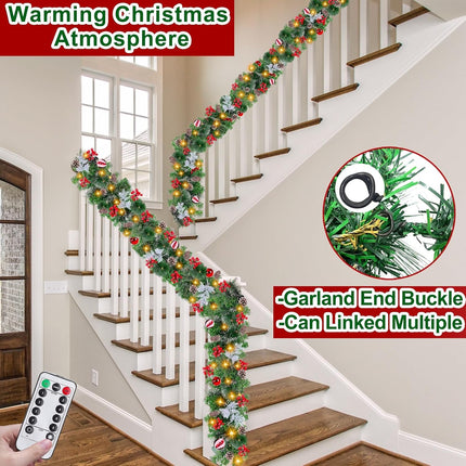 Remote Control&Timer 9 Ft Prelit Christmas Garland with 50 Warm White Lights 8 Modes Cedar Garland 6 Cypress Leaves 18 Ball 300 Snowy Tips 198 Red Berry 18 Pine Cone Christmas Decor Indoor Home Mantel