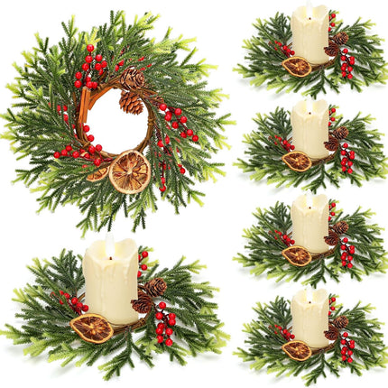4 Pcs Christmas Candle Rings Mini Christmas Wreaths 9.5 inch Artificial Norfolk Pine Rings with Pine Cones Dried Orange Pieces Wreaths Red Berry Pillar Garland for Christmas Table Centerpieces