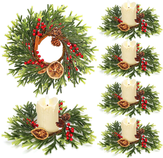 4 Pcs Christmas Candle Rings Mini Christmas Wreaths 9.5 inch Artificial Norfolk Pine Rings with Pine Cones Dried Orange Pieces Wreaths Red Berry Pillar Garland for Christmas Table Centerpieces