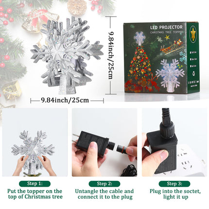 Christmas Tree Topper Lighted with Silver Snowflake Projector, Led Rotating Magic Snowflake, 3D Hollow Glitter Lighted Silver Snow Tree Topper for Christmas Tree Decorations