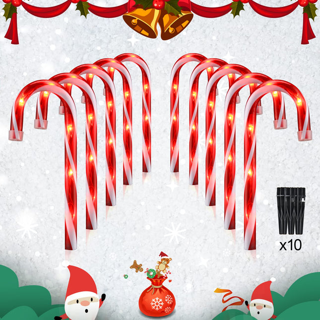 10" Christmas Candy Cane Lights - Set of 10 Pathway Markers Christmas Outdoor Yard Decorations, Xmas Candy Cane Stake Lights for Lawn, Walkway, Garden, Xmas Party Indoor Ornaments