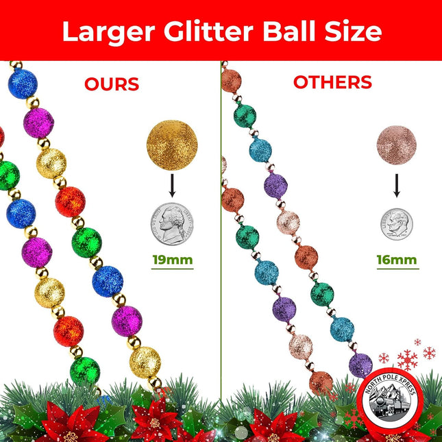 9 Foot Multi Color Glitter Christmas Garland Multicolor Beaded Christmas Tree Garland for Retro Vintage Candy Trees Garland Christmas Decorations for Indoor Use Red Blue Gold Green Purple Beads