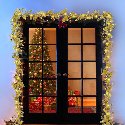 DR.DUDU 2 Pcs 6 FT Gold Berry Christmas Garlands, 20 LED Lighted Artificial Christmas Garland, Flexible Glittered Garlands for Home Indoor Outdoor Xmas Tree Mantle Fireplace Holiday Decorations