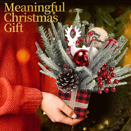 Artificial Christmas Tree, Small Christmas Tree Decorations, Holiday Decorations with red Apples、and Red and Black Checkered Base for Home Interior Christmas Decoration