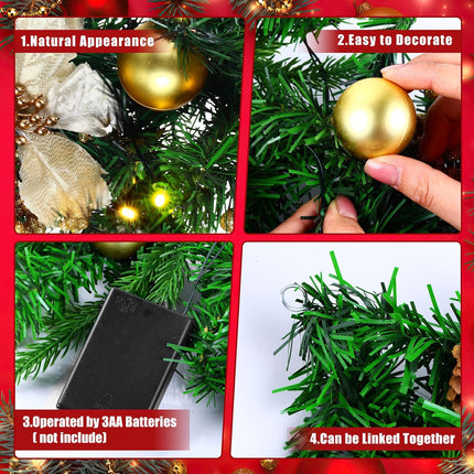 Meooeck 3 Sets 9 ft 150 LED Pre-Lit Artificial Christmas Garland with Gold Berries and Balls Pine Cone Flower and Battery Operated String Lights for Fireplace and Stair Railing,Total 27 ft