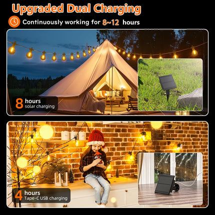 Kawaya Solar-Powered String Lights Outside: 31 FT Outdoor LED Patio Lights with USB-Charging, IP65 Waterproof 15 Shatterproof Edison Bulbs Bistro Lights for Yard Porch Deck Cafe