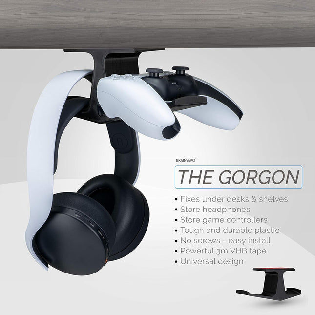 [EOL] The Gorgon - Under Desk Gamepad Controller & Headphone Hanger (2 Pack), for Xbox, PS4, PS5, Dualshock, Series One, Steelseries, PC & Most Gaming Headsets, Screwless Holder Stand, Black [EOL]