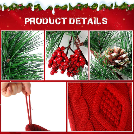 Shappy 6 Pc 18" Christmas Stockings with Artificial Pine Branches Garland 6.56 Ft Knit Christmas Stocking with Red Berries Pine Cones for Family Home Xmas Party Decorations