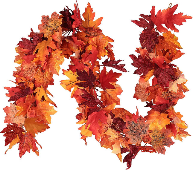 RECUTMS 2PCS Hanging Maple Leaf Garland Artificial Fall Leaf Garland Fake Autumn Leaves for Indoor Outdoor Home Halloween Thanksgiving Wall Fireplace Decor (Red)