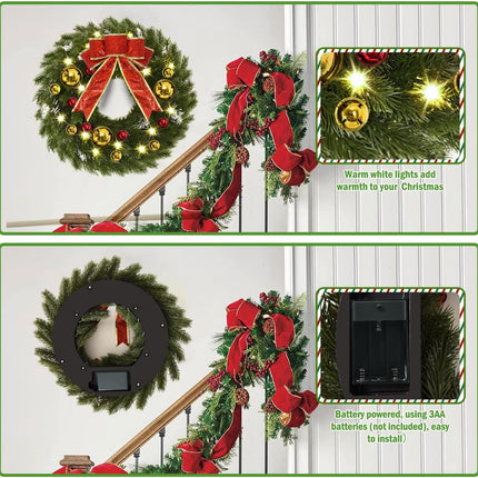 YoleShy 17 Inch Pre-lit Christmas Wreath with Hanger & Bow & Bells Battery Operated Christmas Wreath Christmas Decorations for Window, Front Door, Wall Decor, Fireplace