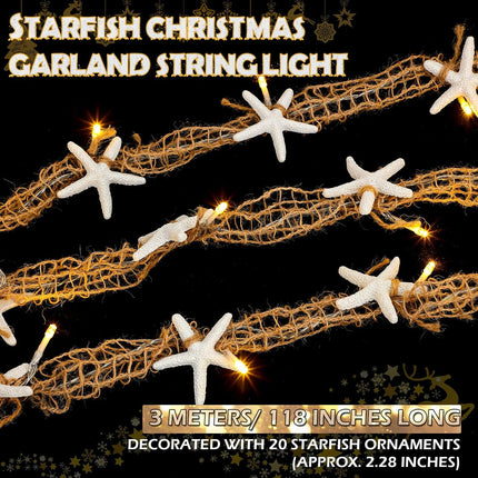 Christmas Beach Decor Starfish Garland String Light Coastal Garland Nautical Netting Garland Starfish Decorative Garland Nautical Netting Garland for Christmas Tree Home Decorations (White)