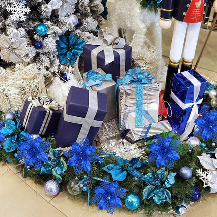 24 Pcs Christmas Blue Glittered Mesh Holly Leaf Artificial Poinsettia Flowers Picks Tree Ornaments 5.9" W for Blue Christmas Tree Wreath Garland Floral Winter Wedding Holiday Decoration
