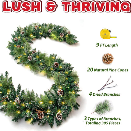 9 ft Prelit Christmas Garlands with 100 Lights Battery Operated Timer 8 Modes, Faux Frosted Pine Garland Christmas Decorations for Mantle, Stairs, Fireplace, with Pine Cones Dried Branches