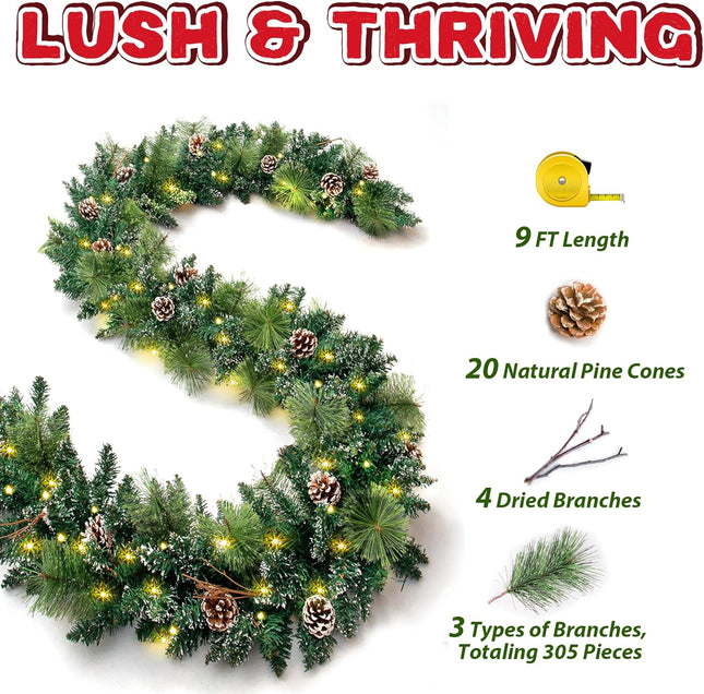9 ft Prelit Christmas Garlands with 100 Lights Battery Operated Timer 8 Modes, Faux Frosted Pine Garland Christmas Decorations for Mantle, Stairs, Fireplace, with Pine Cones Dried Branches