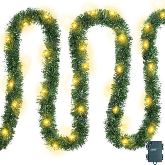 Ouddy Decor 19.7 Ft Lighted Christmas Garland Decorations, 60 Led Pre-lit Christmas Garland with Lights Battery Operated for Outdoor Indoor Party Home Winter Year Christmas Decor, Warm White