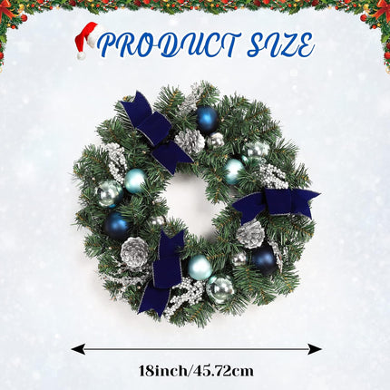 LinTimes Christmas Wreaths, 18 Inch Christmas Wreath for Front Door with 15 LED Lights, Pre-lit Christmas Decoration with Blue Bows Silver Leaves Ball Ornaments for Christmas Wall Window Decor